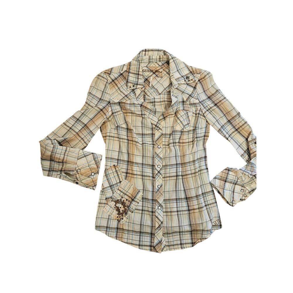 Guess jeans snap button babydoll button down shirt womens small brown gold y2k